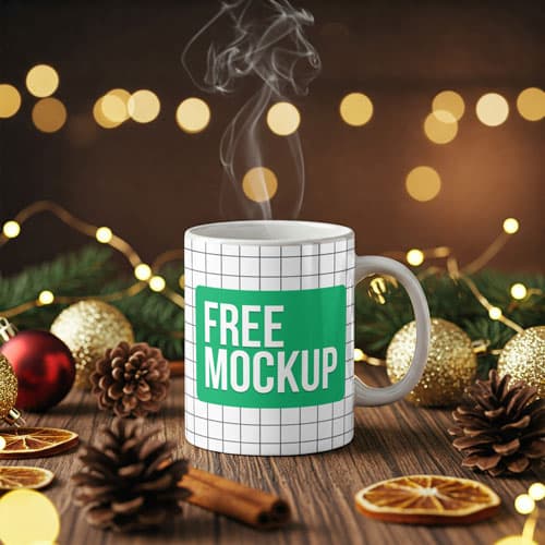 Free Christmas Scene Mug Mockup PSD — Festive Aesthetic PSD mockup for Adobe Photoshop
