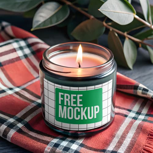 Plaid Candle Jar Mockup PSD — Rustic Holiday Packaging Display