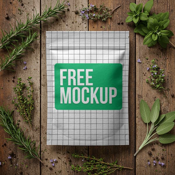 Free Food Pouch With Herbs Mockup PSD