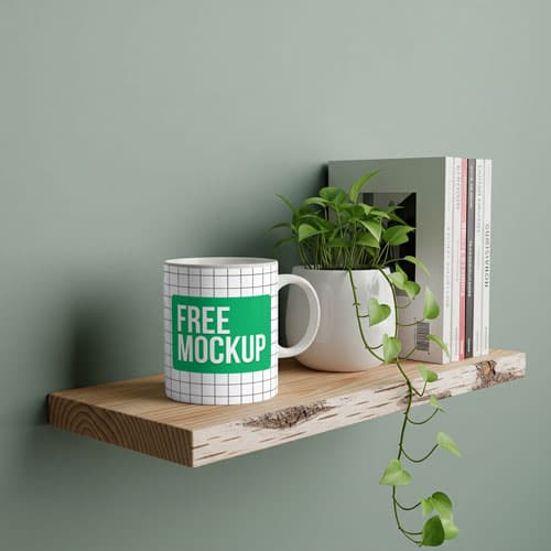 Free Mug Mockup PSD On Wooden Shelf — Minimalist Decor