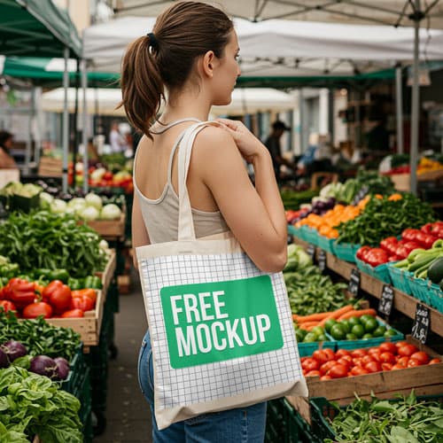 Free Tote Bag Mockup PSD — Farmers Market Shopping Scene