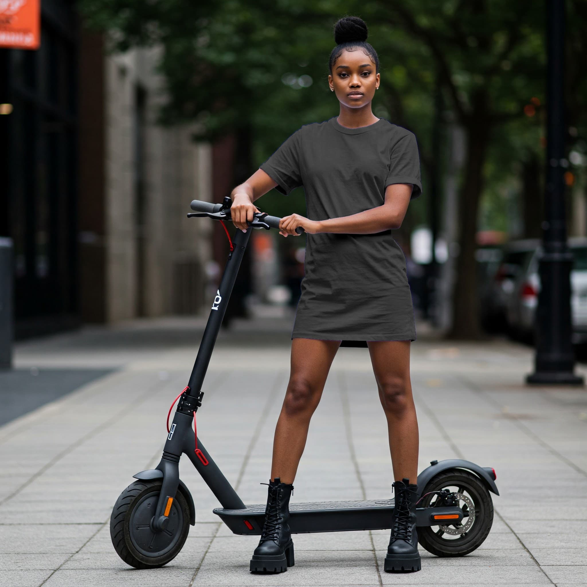 Free Black Woman White T-Shirt Online Mockup — Electric Scooter PSD mockup for Adobe Photoshop