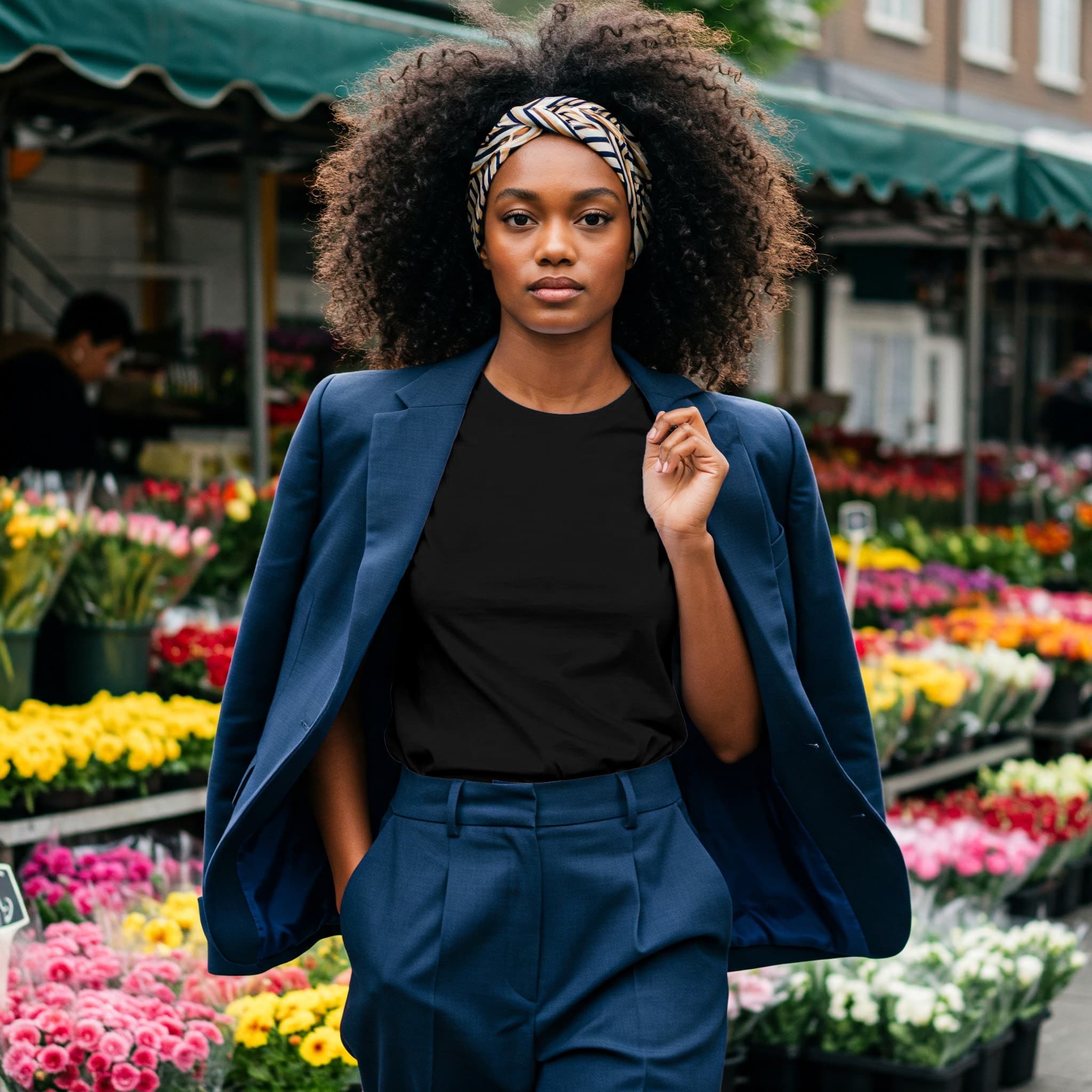 Free Black Woman White T-Shirt Online Mockup — Flower Market PSD mockup for Adobe Photoshop
