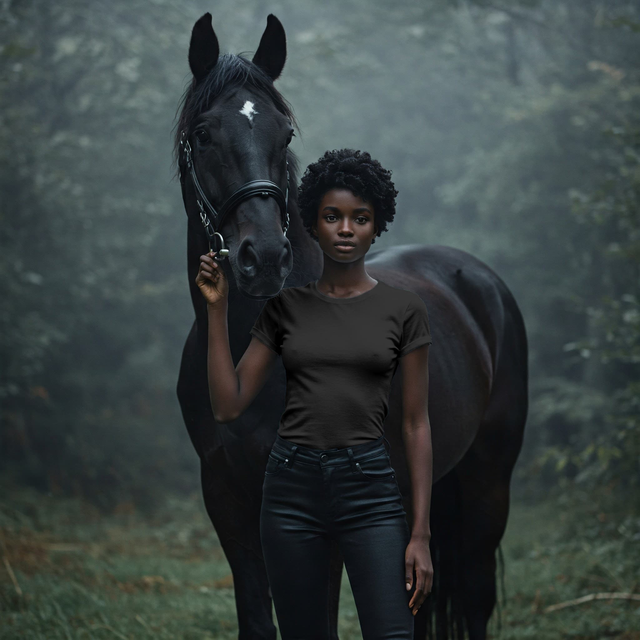 Free Black Woman White T-Shirt Online Mockup — Horse Portrait PSD mockup for Adobe Photoshop