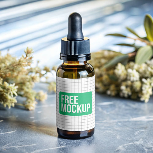 Free Botanical Amber Dropper Bottle PSD Mockup — Natural Wellness PSD mockup for Adobe Photoshop