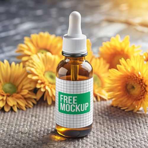 Free Floral Amber Dropper Bottle PSD Mockup — White Cap PSD mockup for Adobe Photoshop