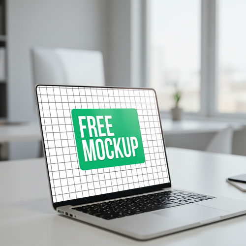 Free Laptop PSD Mockup Office Desk Scene — Professional Workspace PSD mockup for Adobe Photoshop