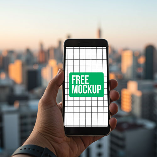Free Smartphone PSD Mockup Hand Held with City View — Urban Lifestyle PSD mockup for Adobe Photoshop