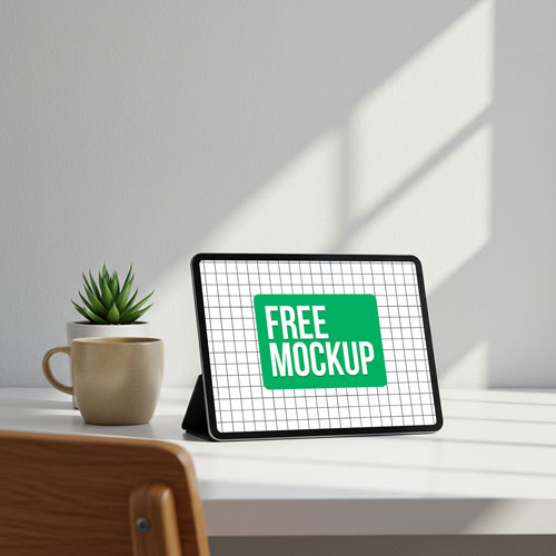 Free Tablet PSD Mockup on Minimalist Desk — Modern Workspace PSD mockup for Adobe Photoshop