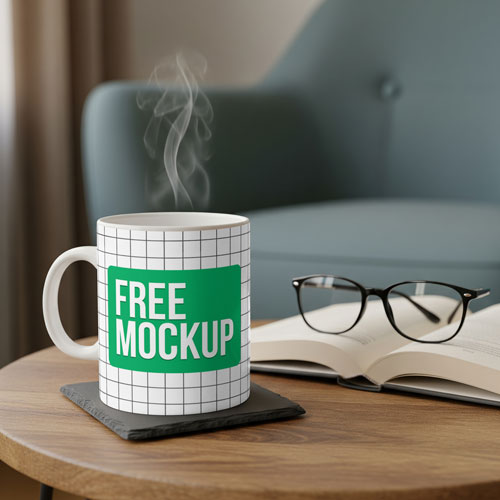Free Mug Mockup PSD With Book & Glasses — Literary Aesthetic PSD mockup for Adobe Photoshop