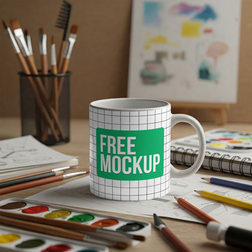 Free Mug Mockup With Painting Supplies PSD