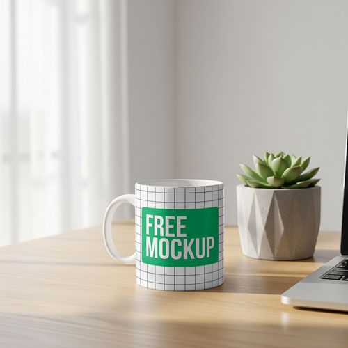 Free Photorealistic Mug Mockup PSD On Wooden Desk PSD mockup for Adobe Photoshop