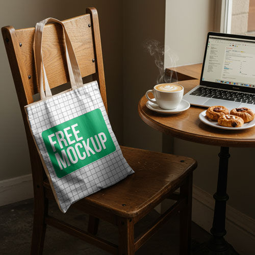 Free Tote Bag Mockup PSD — Cozy Cafe Work Scene PSD mockup for Adobe Photoshop