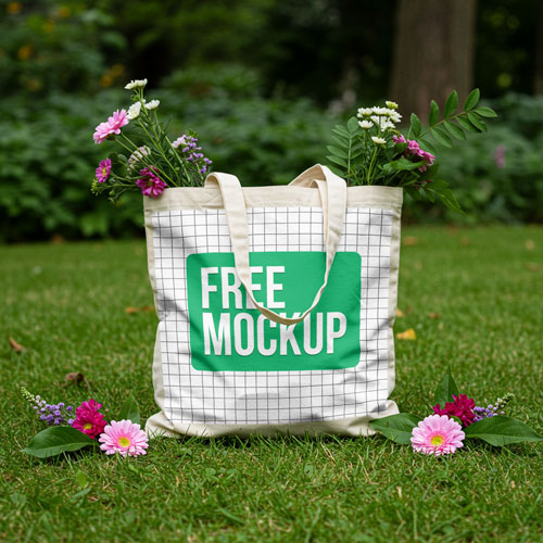 Free Tote Bag Mockup PSD — Garden Scene with Flowers PSD mockup for Adobe Photoshop