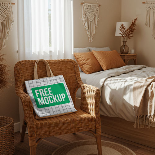 Free Tote Bag Mockup PSD — Cozy Boho Bedroom Scene PSD mockup for Adobe Photoshop