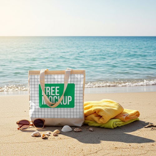 Free Tote Bag Mockup PSD — Sunny Beach Vacation Scene PSD mockup for Adobe Photoshop
