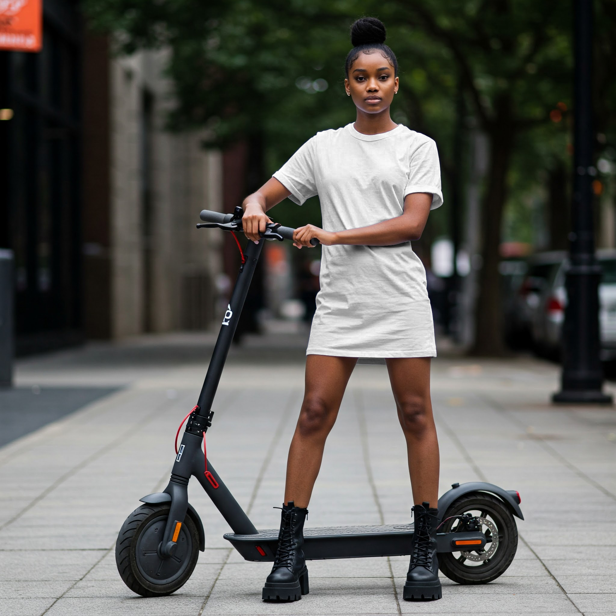 Free Black Woman White T-Shirt Online Mockup — Electric Scooter PSD mockup for Adobe Photoshop