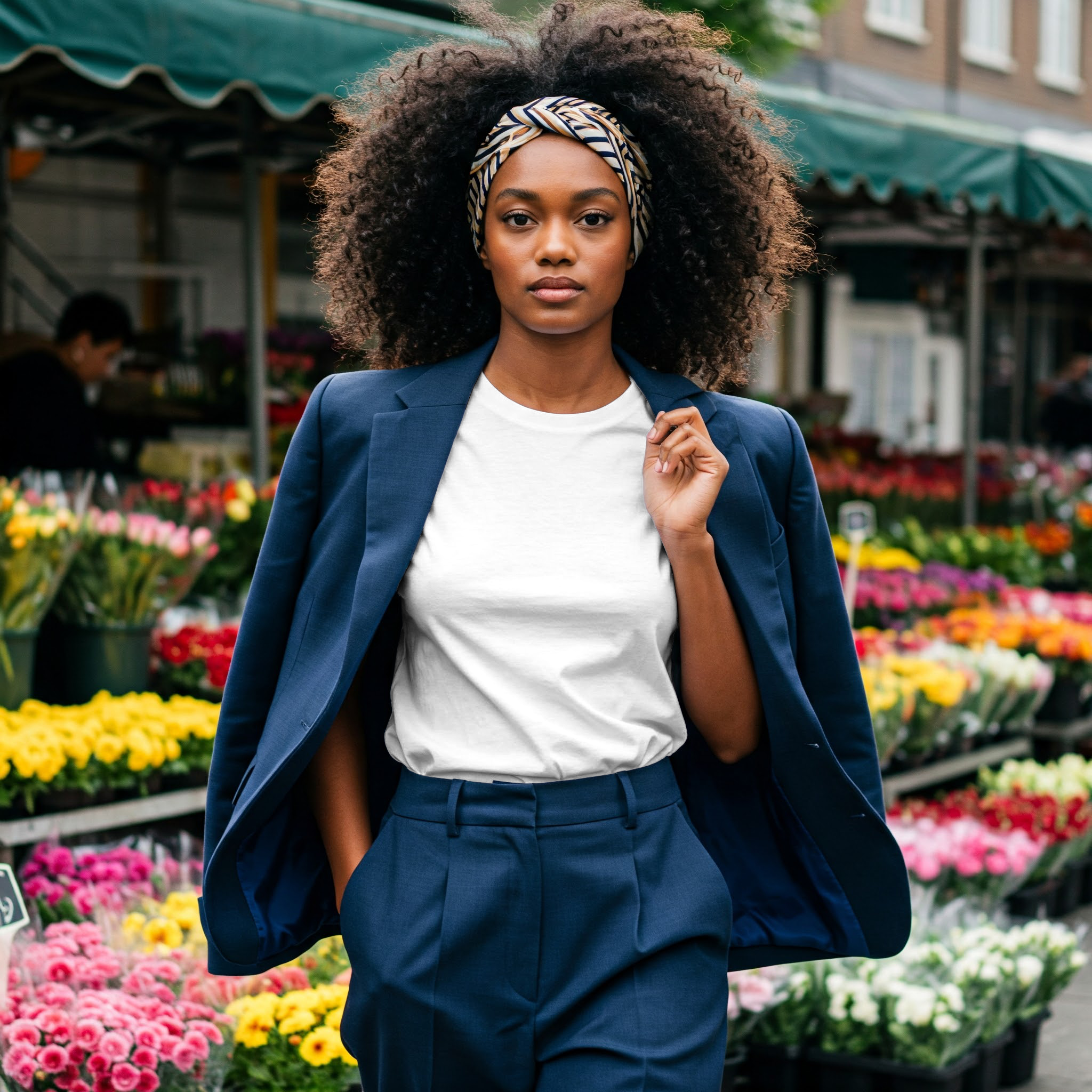 Free Black Woman White T-Shirt Online Mockup — Flower Market PSD mockup for Adobe Photoshop