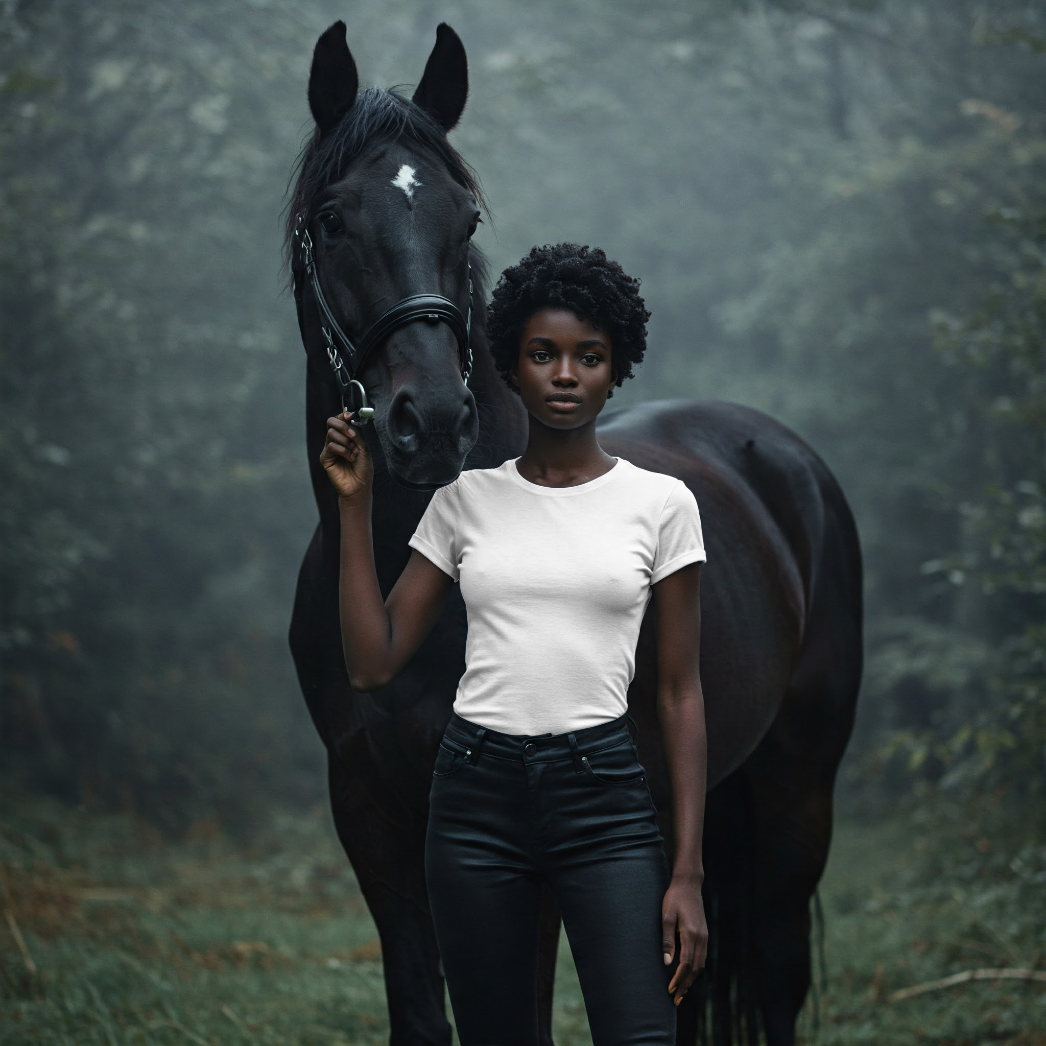 Free Black Woman White T-Shirt Online Mockup — Horse Portrait PSD mockup for Adobe Photoshop