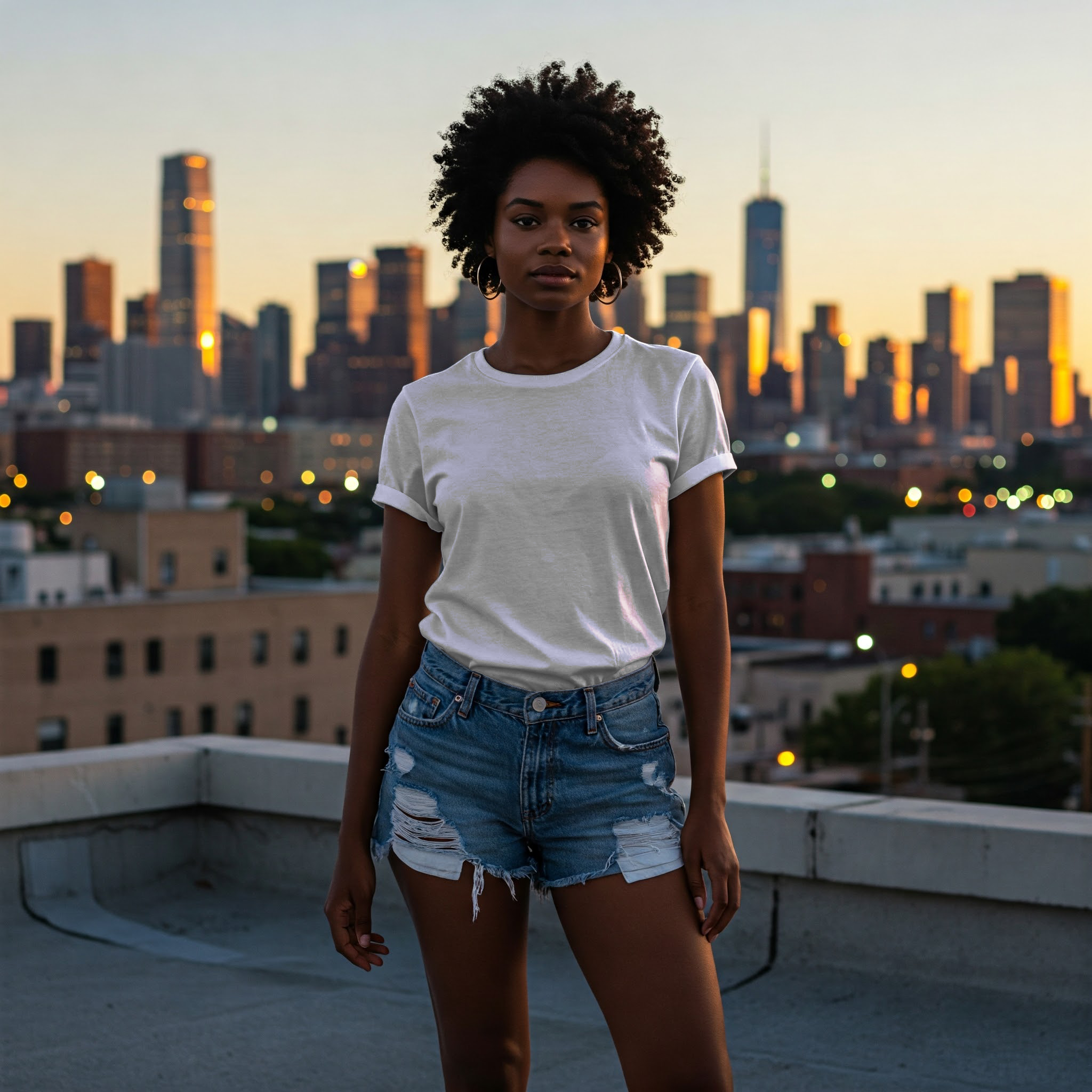 Free Black Woman White T-Shirt Online Mockup — Rooftop City View PSD mockup for Adobe Photoshop