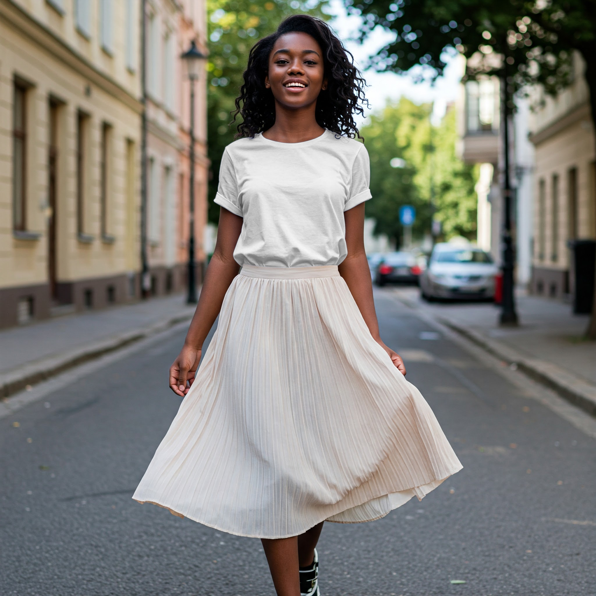 Free Black Woman White T-Shirt Online Mockup — Street Style PSD mockup for Adobe Photoshop