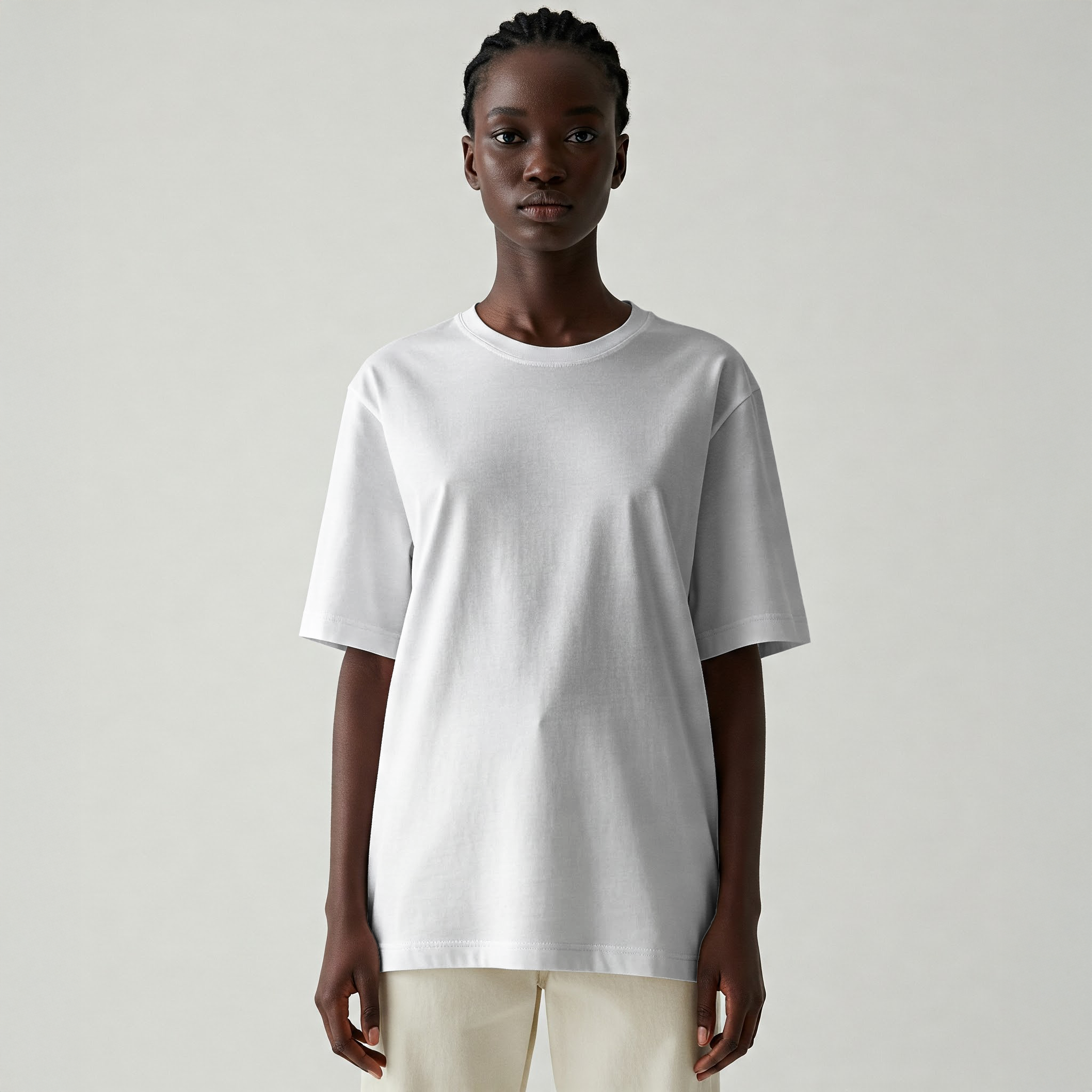 Free Black Woman White T-Shirt Online Mockup — Studio Portrait PSD mockup for Adobe Photoshop