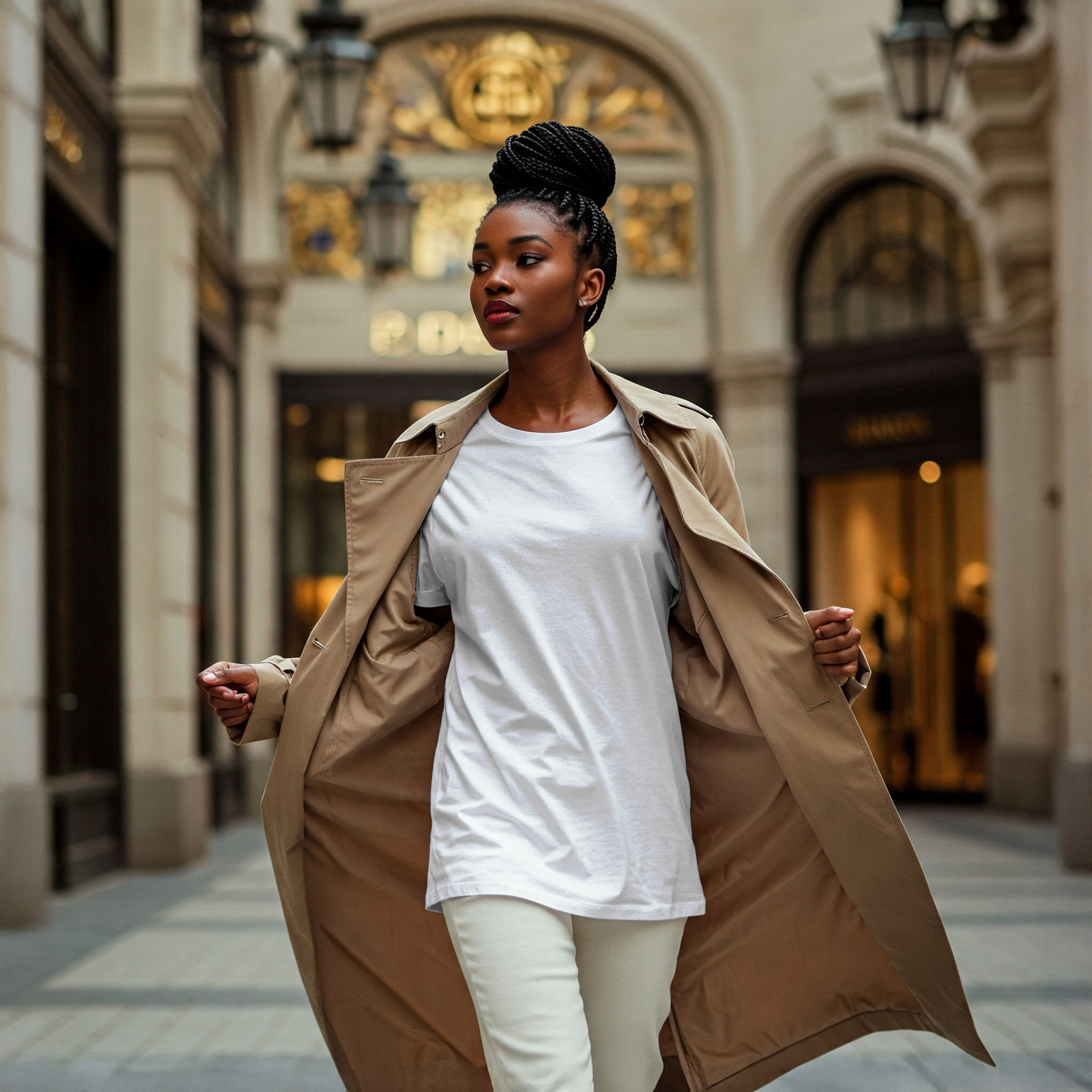 Free Black Woman White T-Shirt Online Mockup — Trench Coat Style PSD mockup for Adobe Photoshop