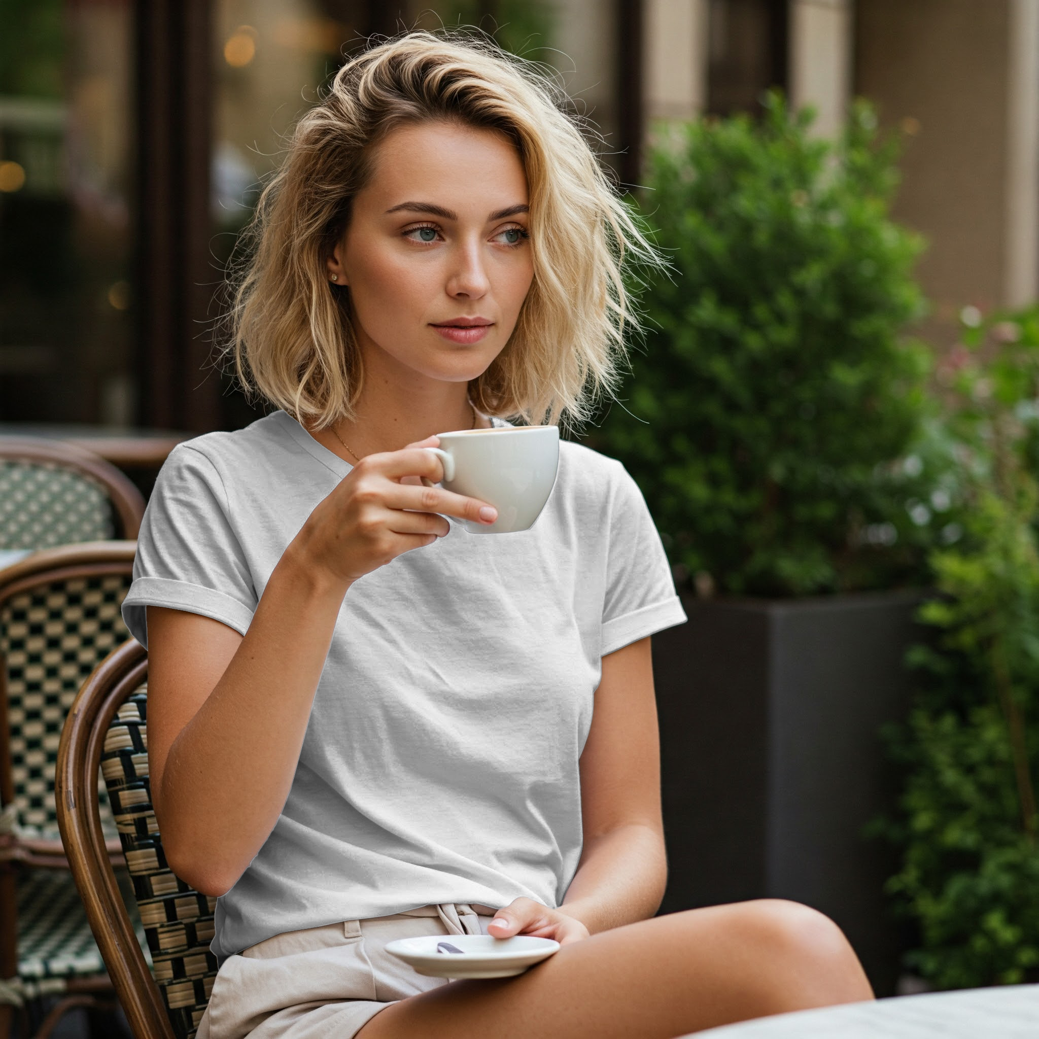 Free Online T-Shirt Mockup — Girl in a Cozy Cafe Setting