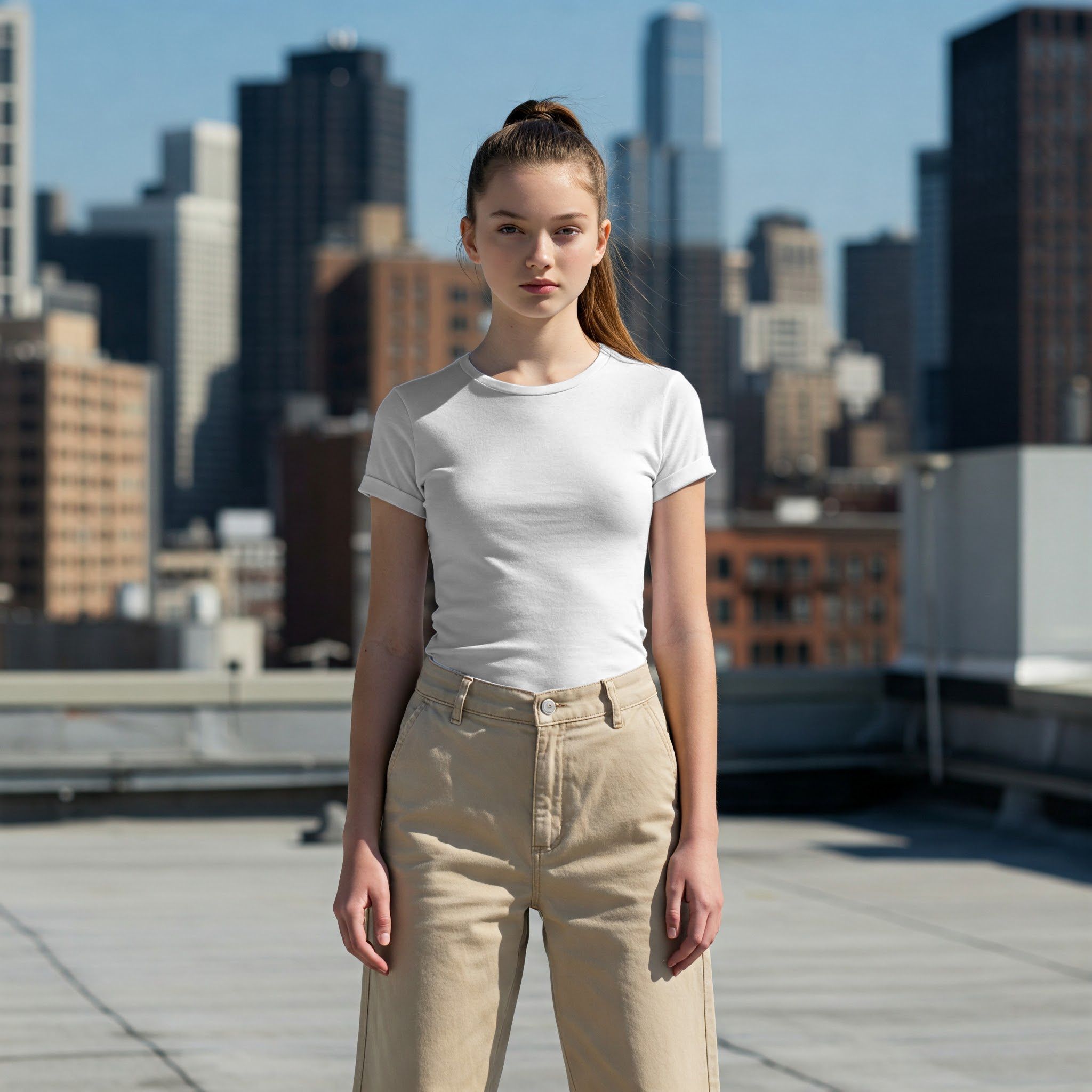 Free Online T-Shirt Mockup — Stylish Model on an Urban Rooftop