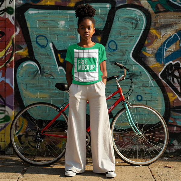 Free Girl T-Shirt Mockup PSD — Street Art & Graffiti Background