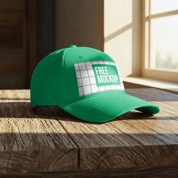 Free White Cap Mockup PSD In Sunlight By Window — Aesthetic Setup PSD mockup for Adobe Photoshop