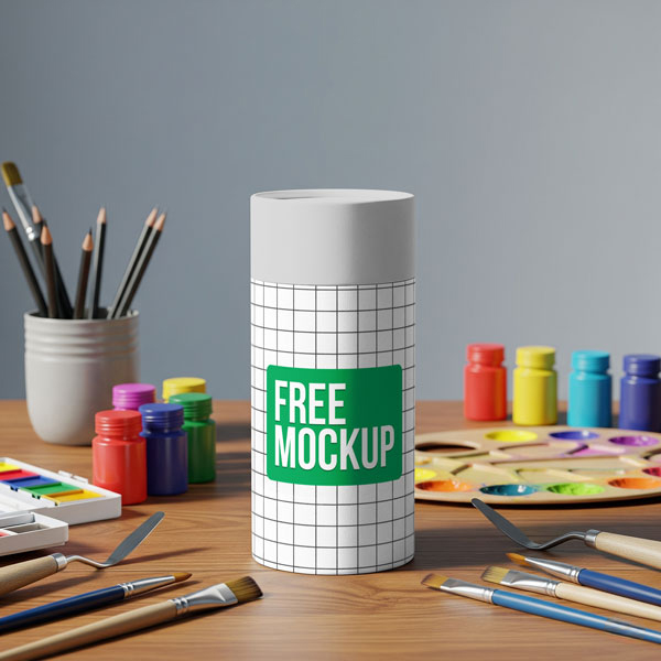 Art Studio Tube Packaging Free Mockup. A cylindrical paper tube container with a company logo design is on an artist's wooden desk, surrounded by colorful paints, brushes, and other art supplies.