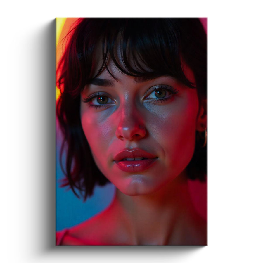 Minimalist Vertical Canvas Free Mockup. A vertical canvas print showing a colorful portrait of a woman under neon lighting, presented against a simple background with a soft shadow.