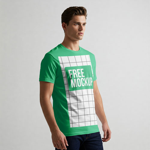 The Free-Man-T-shirt-Side-View-Mockup.psd shows a man in a three-quarter pose, wearing a green graphic t-shirt against a plain studio background and looking to the side.