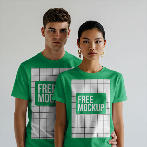The Free-Couple-T-shirt-Mockup-Studio.psd shows a man and a woman posing together while wearing matching green t-shirts with a "Free Mockup" graphic. They are standing against a plain, light grey studio background.