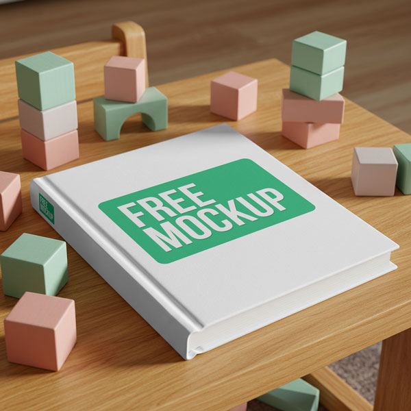 Children's Book Free Mockup. A white hardcover book with a company logo on its cover and spine lies on a wooden table, surrounded by pastel-colored children's building blocks.