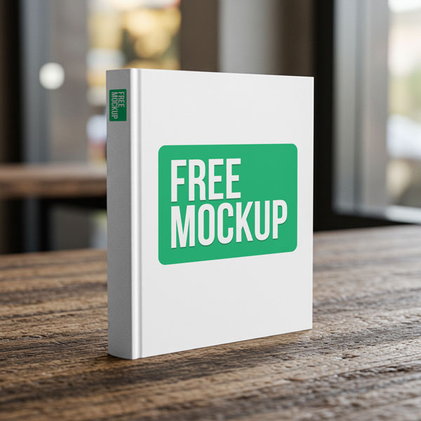 Hardcover Book on Table Free Mockup. A white hardcover book with a company logo on the cover and spine, standing upright on a rustic wooden table in front of a blurred background.