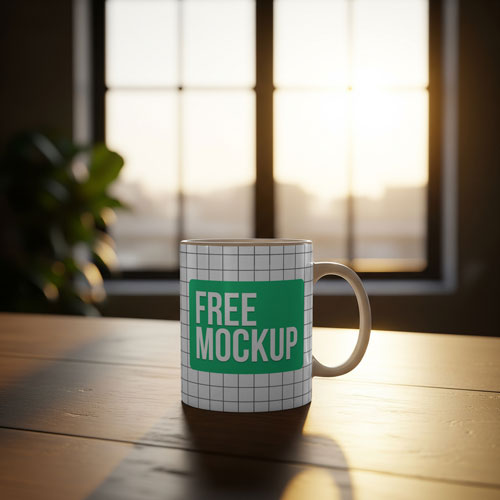 Free golden hour mug mockup showing a mug in warm, late afternoon sunlight