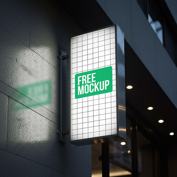 Illuminated Wall Sign Free Mockup. A vertical, rectangular lightbox sign displaying a company logo is mounted on a modern dark building facade at night, casting a realistic glow and reflection.