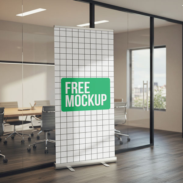 Office Roll Up Banner Free Mockup. A vertical roll-up banner with the words "Free Mockup" is positioned on a wood floor outside a glass-walled conference room in a modern office.