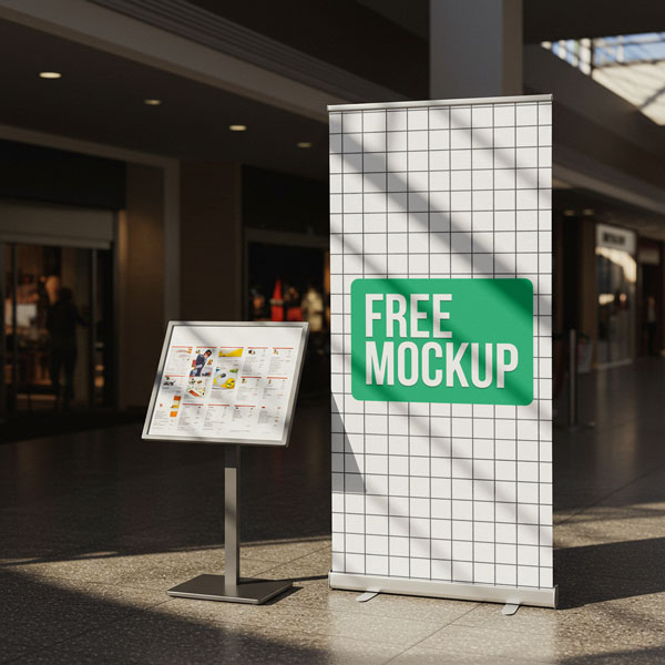 Indoor Roll Up Banner Free Mockup. A vertical roll-up banner stand with the text "Free Mockup" is displayed in a sunlit shopping mall hallway next to a menu or directory stand.