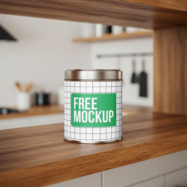 Kitchen Tin Canister Free Mockup. A round metal tin canister with a silver lid and a company logo design sits on a wooden kitchen countertop in front of a blurred kitchen background.