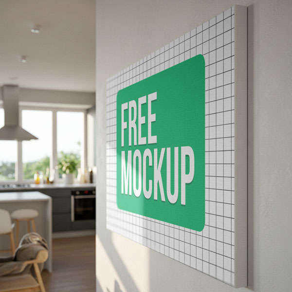 Home Interior Canvas Free Mockup. A landscape canvas print displaying a company logo hangs on a wall in a sunlit, modern home, with a kitchen visible in the background.