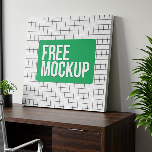 Office Desk Canvas Free Mockup. A square canvas print with a company logo design is leaning against a white wall on a dark wood office desk, next to potted plants.