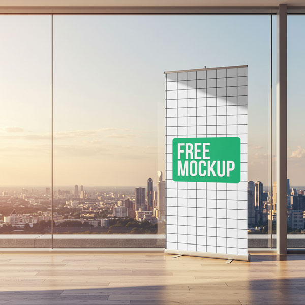 City View Roll Up Banner Free Mockup. A retractable banner stand displaying the words "Free Mockup" is placed on a wooden floor in front of large windows overlooking a city skyline at sunset.