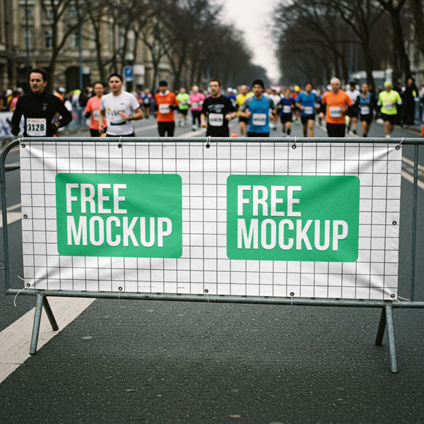 Marathon Barrier Banner Free Mockup. A white grid-patterned banner with the words "Free Mockup" is attached to a metal crowd control barrier on a city street during a marathon with runners in the background.