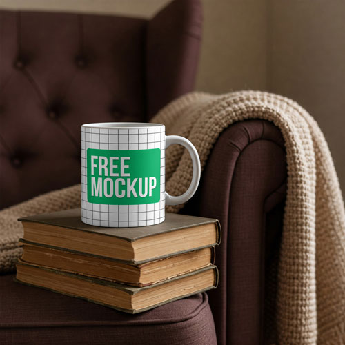 Free PSD mug mockup placed next to a stack of vintage books