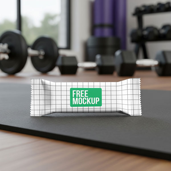 Protein Bar Packaging Free Mockup. A snack bar in a wrapper with a company logo is placed on a black yoga mat in a gym setting. Dumbbells and other fitness equipment are visible in the blurred background.
