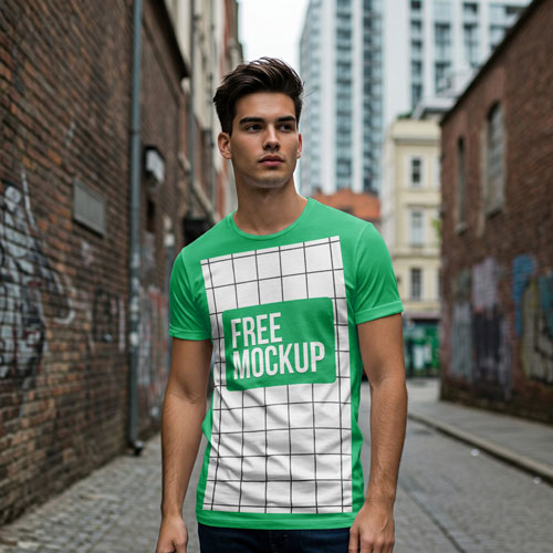The Free-Man-T-shirt-Mockup-Urban-Alley.psd features a man wearing a green graphic t-shirt while walking down a narrow city alley with brick walls. Modern high-rise buildings are visible in the background.
