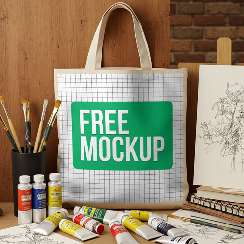 Free Tote Bag Mockup PSD - Artist Studio Scene